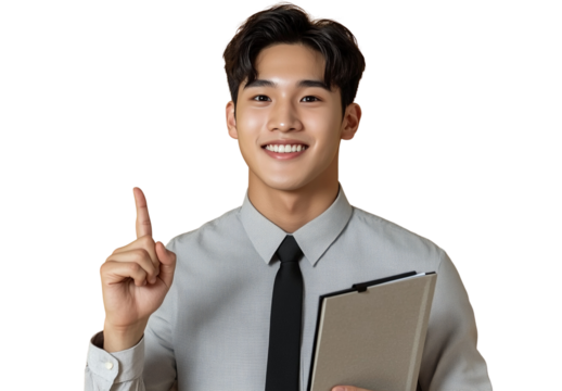 a holding file and smiling His right hand is pointing upward isolated on a transparent background