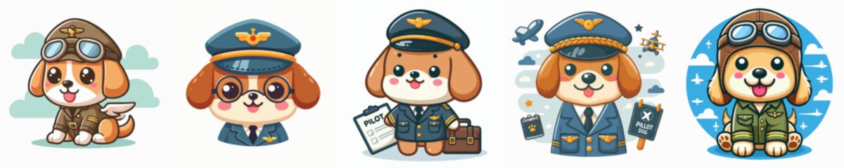 Vector set of adorable dogs wearing pilot uniforms