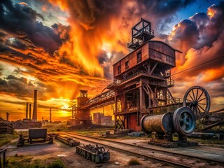 Naklejka premium Grimy Industrial Zone Sunset: Urban Decay and Resilience