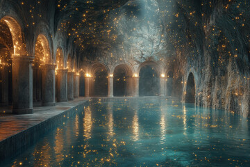 Magical Ancient Bathhouse with Illuminated Archways
