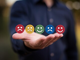 A man's hand holds colorful smiley emoticons representing various emotions.