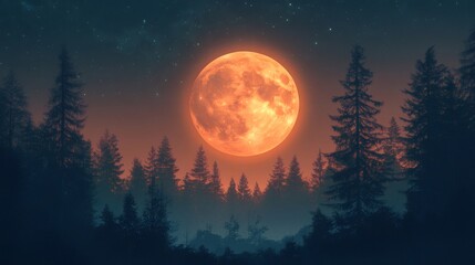 Fototapeta premium Huge orange moon rising over a misty forest at night