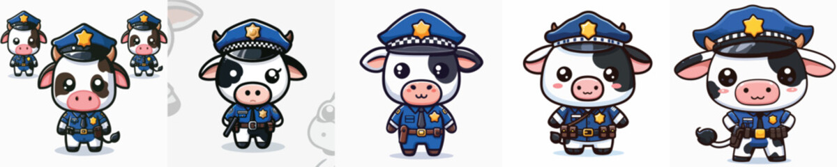 Vector set of adorable cows wearing police uniforms
