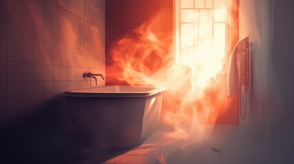 Light and vapor fill the room around a white bathtub