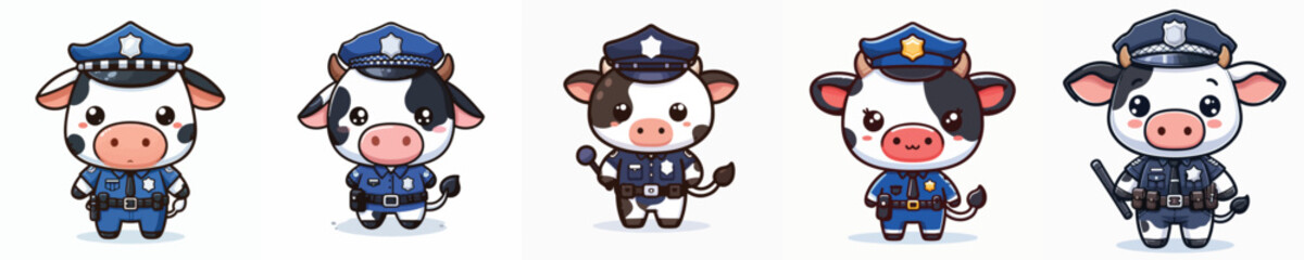 Vector set of adorable cows wearing police uniforms