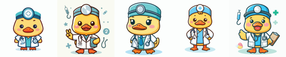 Vector set of cute ducks wearing doctor uniforms