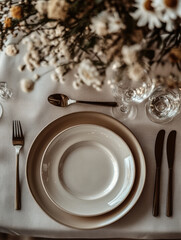 Elegant table setting with floral centerpiece and neutral tones