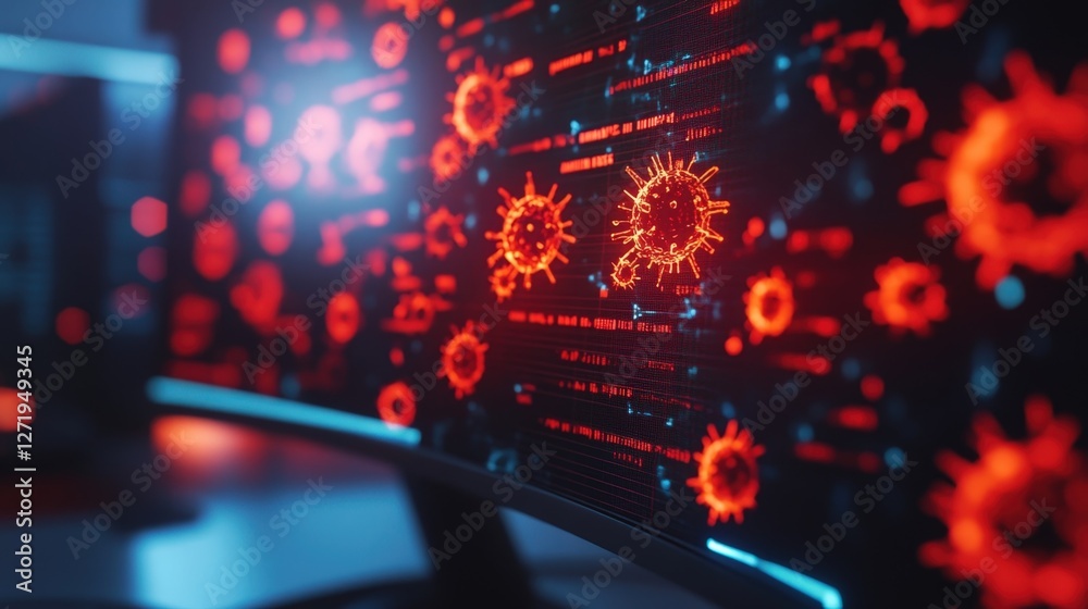 Aufkleber a macro shot of a computer monitor displaying a frantic array of malevolent virus symbols crashing a