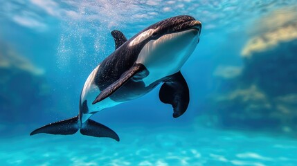 Obraz premium Orca swimming underwater, serene marine environment, possible use for wildlife photography