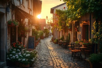 Obraz premium Charming cobblestone street illuminated by golden sunset in szentendre, hungary