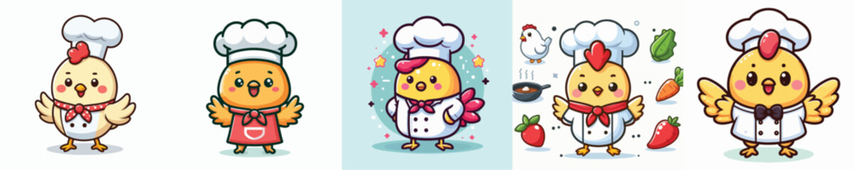 Vector set of cute chickens wearing chef uniforms