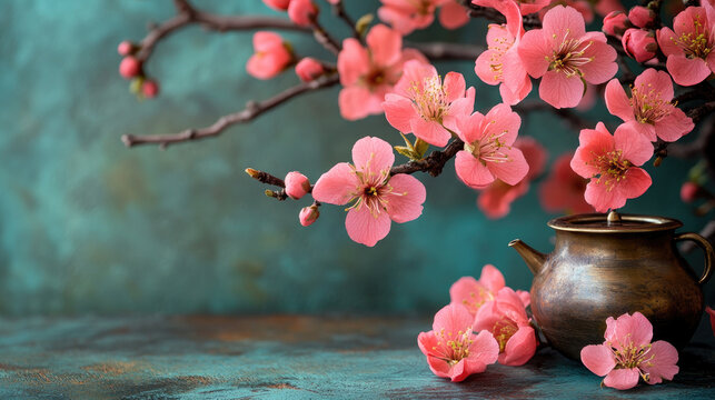 A blossoming branch with pink flowers on a blue background. Banner for the day of Nowruz. Copy space.