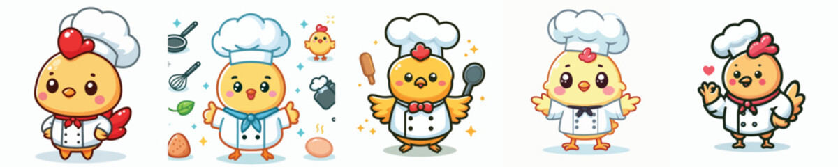 Vector set of cute chickens wearing chef uniforms