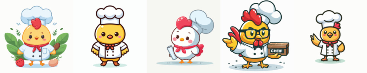 Vector set of cute chickens wearing chef uniforms