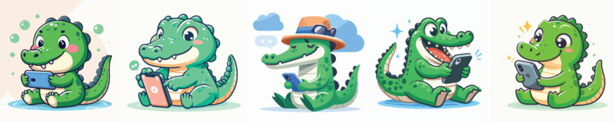 Vector set of cute crocodiles playing cell phones