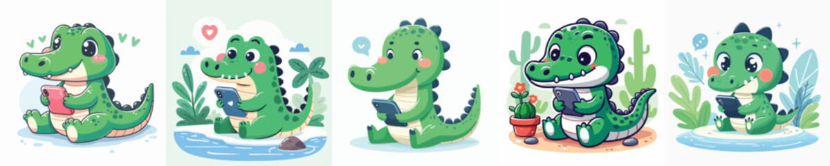 Naklejka premium Vector set of cute crocodiles playing cell phones