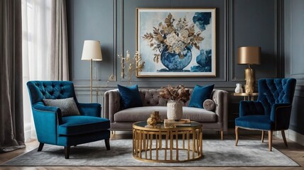 Obraz premium Interior design of harmonized living room with blue commode, velvet armchair, coffee table, mock up poster frame, side table, decoration and personal accessories. Creative home decor. Template. 