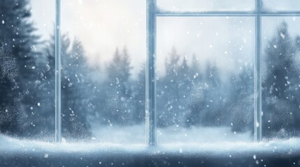 Snow falls outside a window looking at a forest