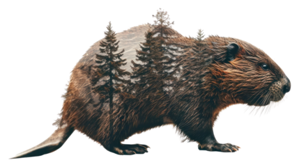PNG Animal double exposure beaver with trees wildlife design illustration.