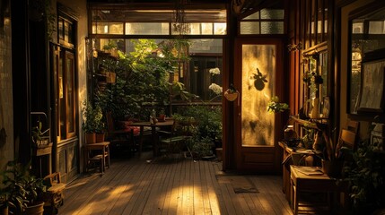 Cozy indoor Wooden Garden with Plants and Sunlight penetrates smoothly into the room