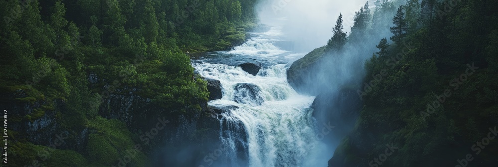 Poster powerful waterfall cascading down rocky cliffs amidst a lush green forest, creating a mesmerizing di