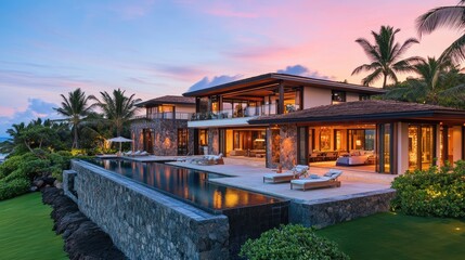 Obraz premium Luxury Beachfront Villa With Infinity Pool at Sunset in Tropical Paradise
