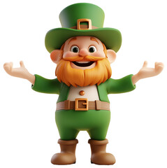 Cheerful 3D leprechaun character with arms wide open, friendly cartoon-style mascot