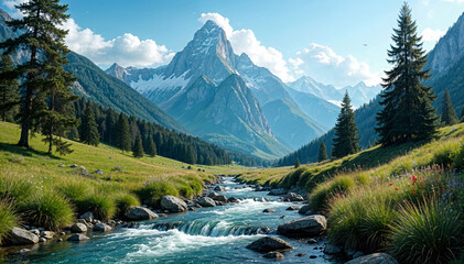 This is a picturesque valley with a clear river flowing through it, surrounded by lush green grass and forests. In the distance stands a towering rocky mountain peak, towering above the bright blue sk