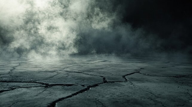 Dramatic setting with a cracked concrete floor and dark, rolling smoke creating a suspenseful effect.