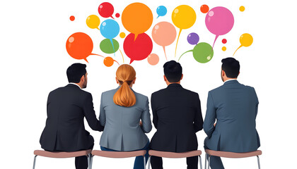 Group of four businesspeople sitting and brainstorming together. Colorful bubbles over head, creative thinking process. Contemporary art collage. Concept of business, teamwork, clipart style. with w