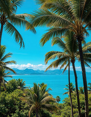 Fototapeta premium Tropical beach scene with palm trees in the foreground and clear blue sky in the background