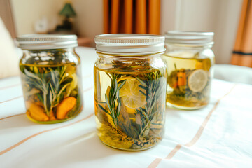 A cozy setup featuring glass jars filled with fresh lemon slices and sprigs of rosemary, placed on a table in a room with natural light