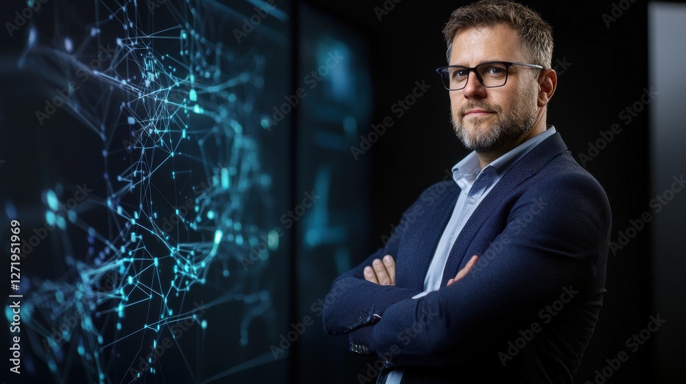 Aufkleber A man stands in front of a large screen displaying a complex network of lines