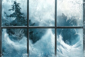 Winter scene through a frosty window with a visible tree