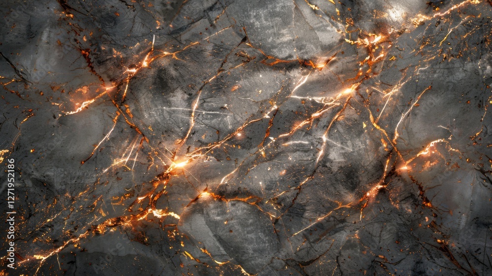 Poster A detailed surface reveals a captivating interplay of glowing cracks against a dark gray background, creating a striking visual texture suitable for various design applications.