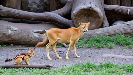 Red Deer and African Wild Cat in Zoo Habitat