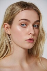 Naklejka premium Young Caucasian woman with long, wavy blonde hair and radiant skin, showcasing natural beauty.