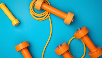 Sport equipment with dumbbells and jump rope on blue background. Top view, 8k. with white shades