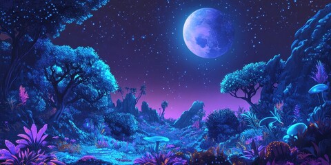 Fototapeta premium Enchanted moonlit landscape with glowing flora and starry sky