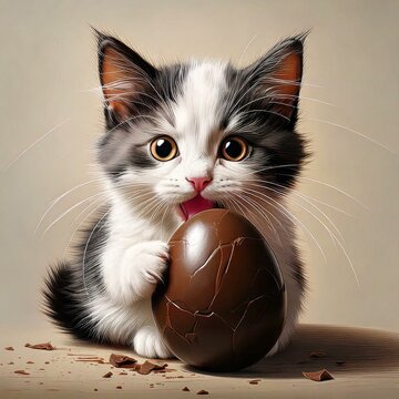 Chaton l&eacute;chant un oeuf en chocolat