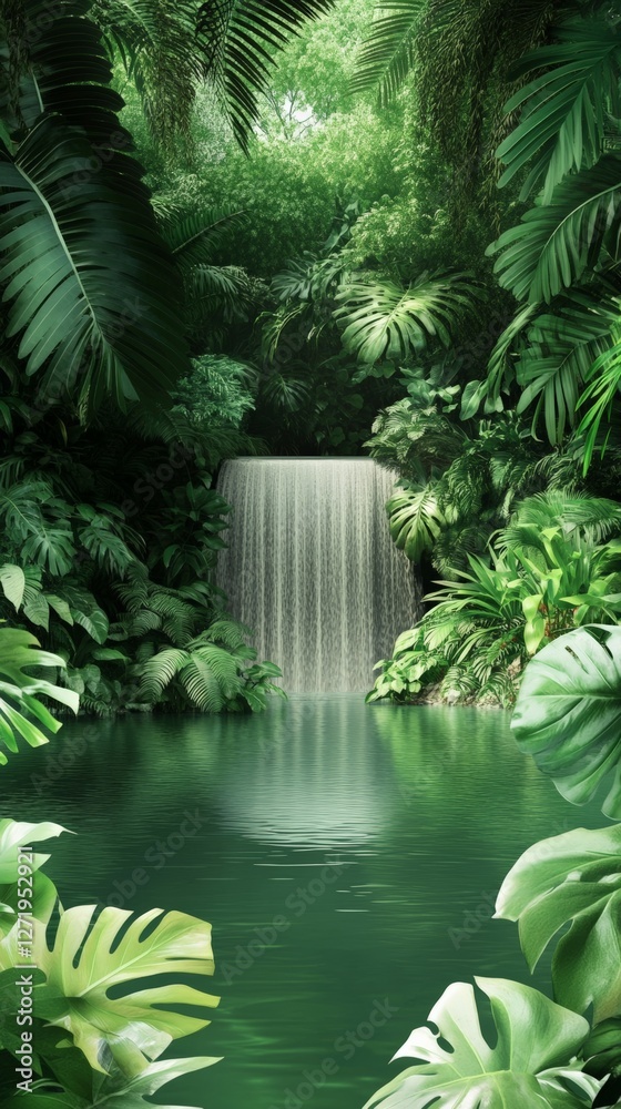 Poster lush tropical foliage frames a mesmerizing waterfall cascading into a serene green pool, creating a 