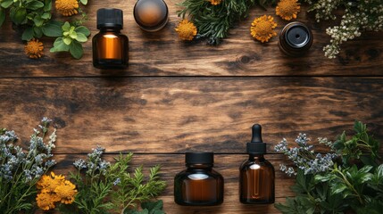 Aromatherapy Setup With Essential Oils and Fresh Herbs on Wooden Surface Generative AI
