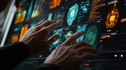 A closeup of a security analysts hands as they manipulate a touchscreen displaying an orchestration dashboard. Colorcoded events categorize incidents while automated mitigation processes