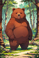 Anime-style animal with fluffy fur, glowing eyes, and a playful expression, surrounded by a magical forest, radiating cuteness and adventure