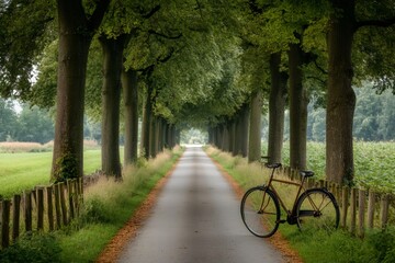 Vintage bicycle leaning against wooden fence on empty tree lined road