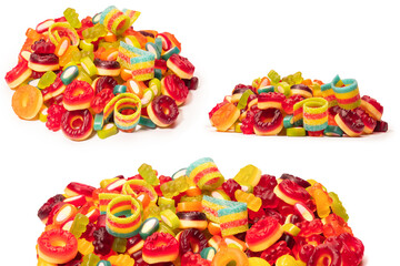 Assorted colorful gummy candies. Top view. Jelly donuts. Jelly bears. Isolated on a white...