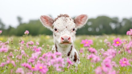 Obraz premium Calf in pink flower field, spring pasture