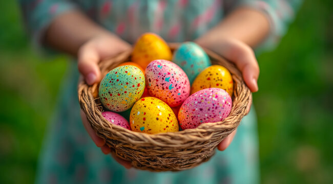 Celebrating Easter with joyful hands cradling a basket of colorful eggs, capturing the essence of springtime festivities