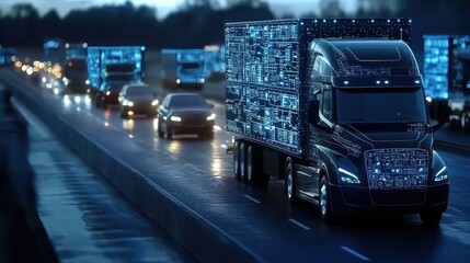 A truck with a blue light display on it is driving down a highway