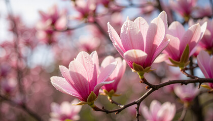 Seasonal blooms. Magnolia blossoms close-up glistening with dew in quiet garden, seasonal beauty